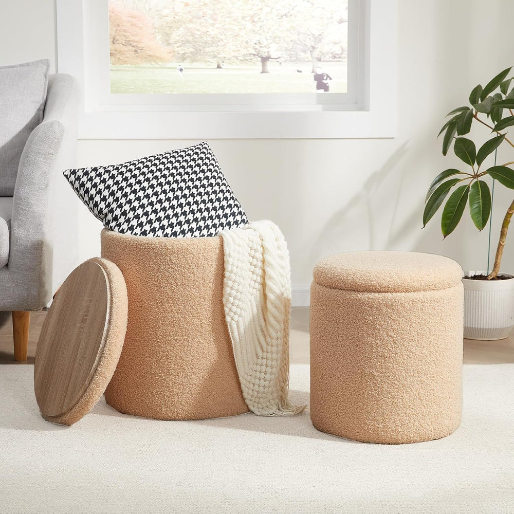 Boucle Round Ottoman with Storage Set of 2, Small Foot Stool Ottoman
