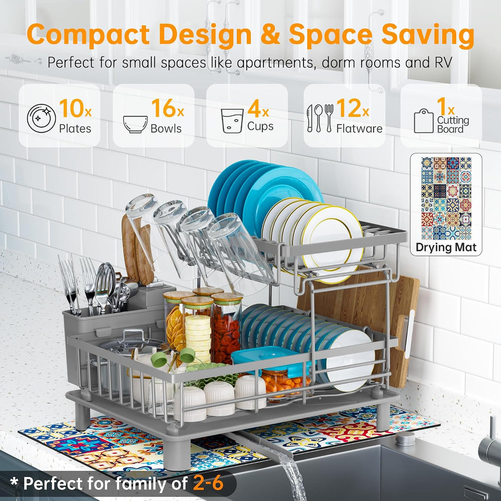 2 Tier Large Detachable Dish Drying Rack for Kitchen Counter, Gray