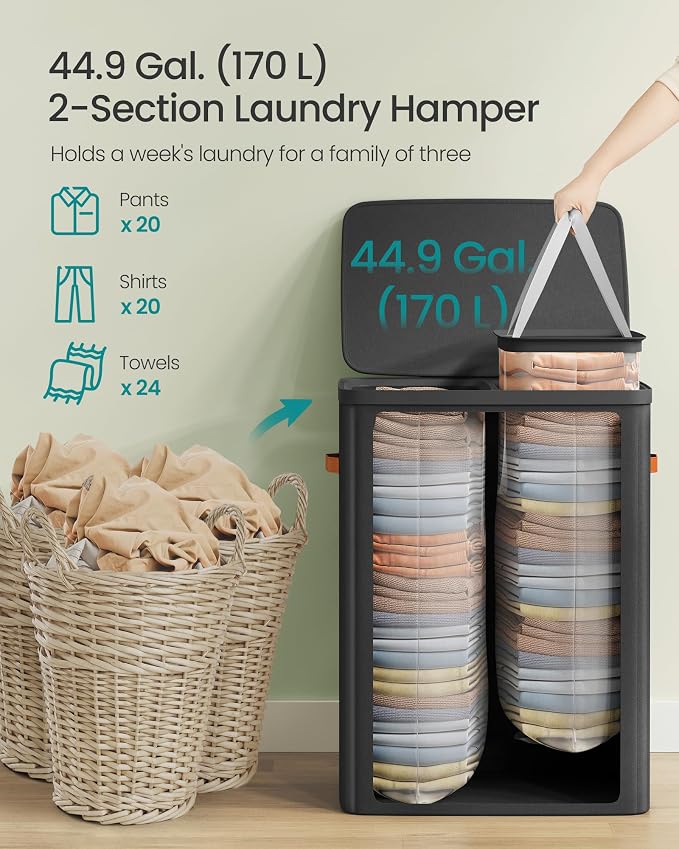 SONGMICS Laundry Basket, 44.9 Gal. Laundry Hamper, 2 Compartments, Easy Assembly