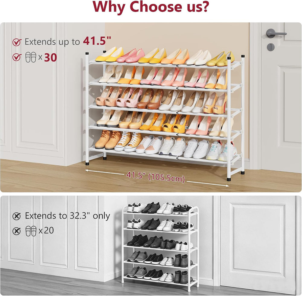 Tajsoon Expandable Shoe Rack for Closet 5 Tier, 28“-41“Stackable, White