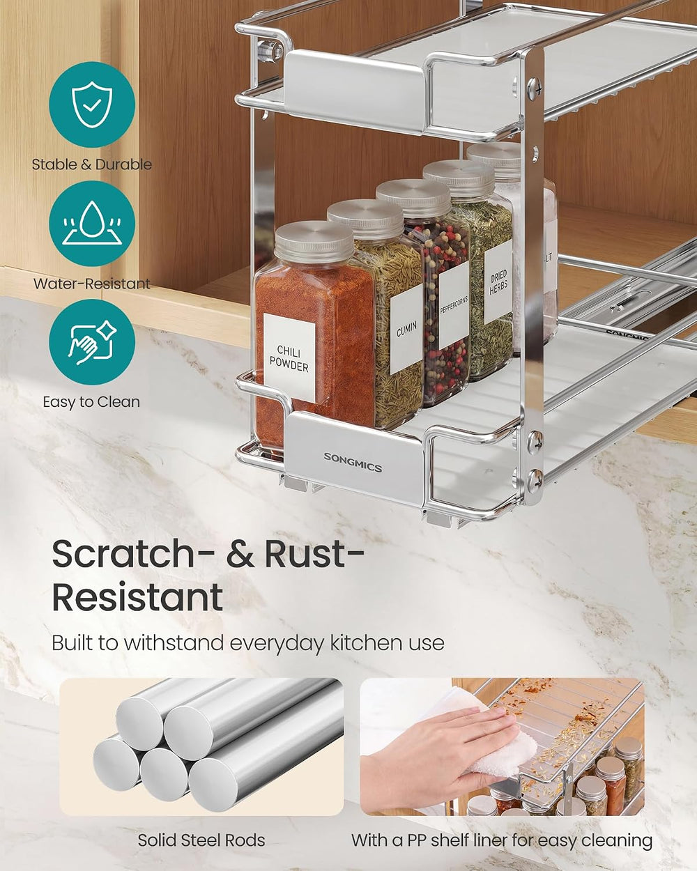SONGMICS 4 Tier Pull Out Spice Rack for inside Cabinets, Organizer, Steel