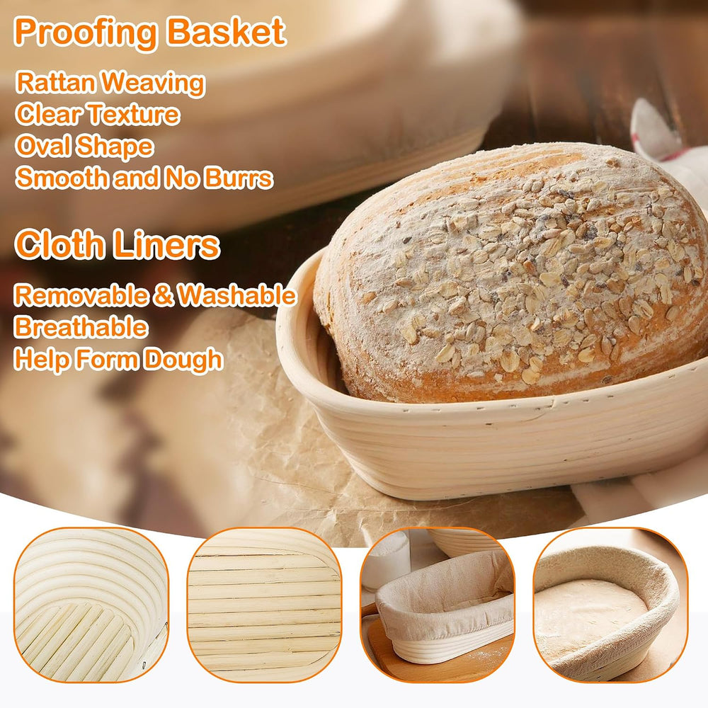 10'' Oval Banneton Bread Proofing Basket w/Cloth Liners & Scraper...