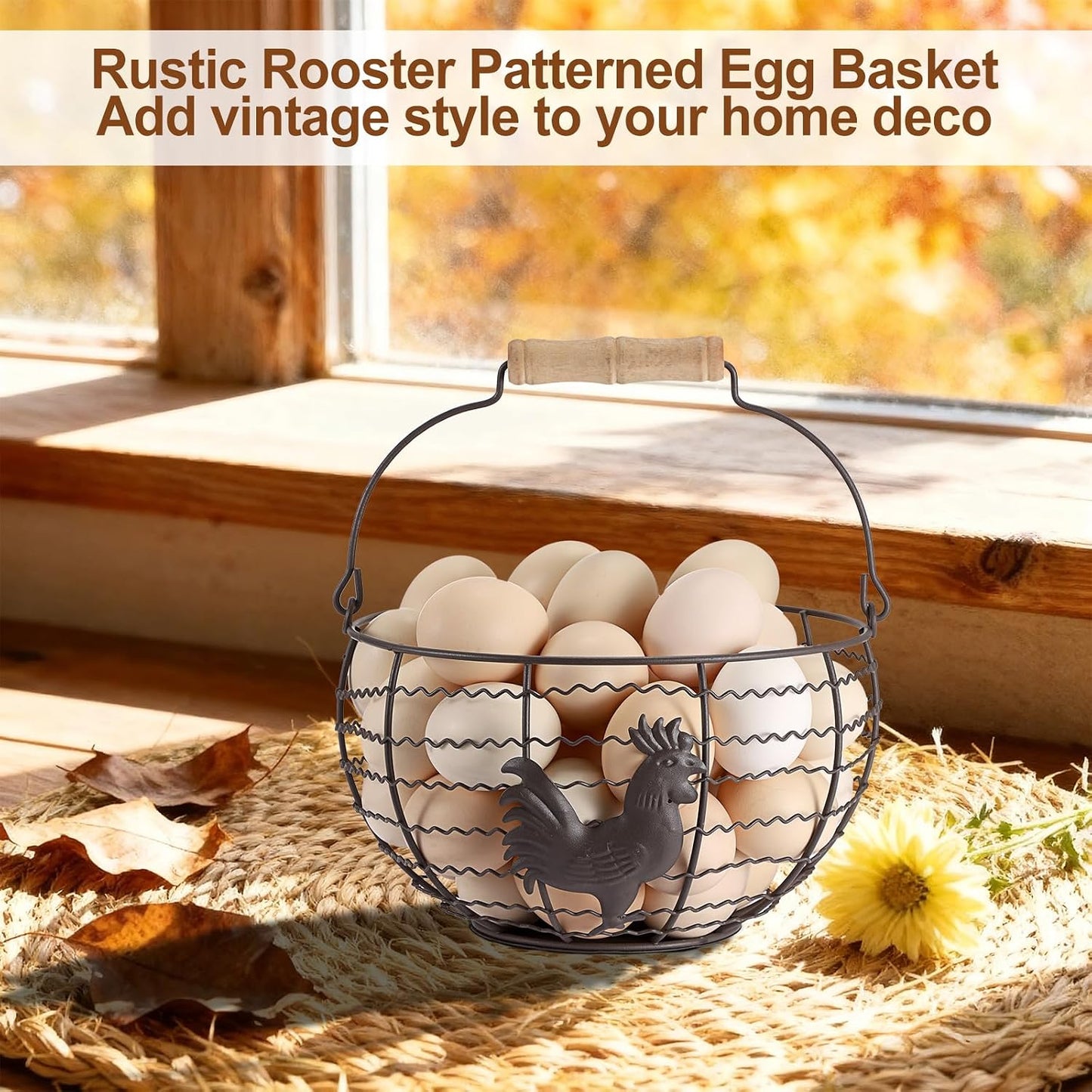 Farmhouse Egg 8'' Basket for Gathering Fresh Eggs, Wire Egg Basket | Chicken Eggs Holder for Countertop Kitchen, Wire Basket with Wood Handle, Vintage Style, Round, Rooster Pattern, Solid Bottom