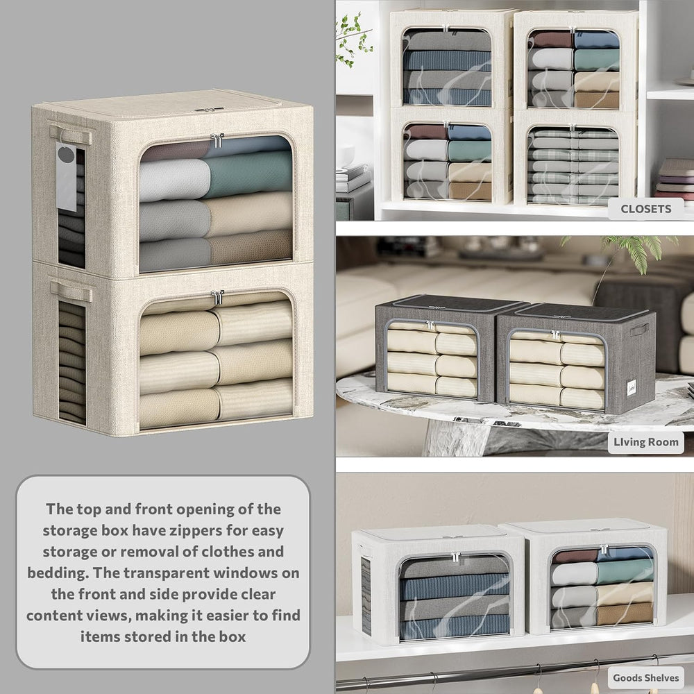 4 Pack Clothes Storage Bins with Metal Frame - 22L Stackable Storage Box with...
