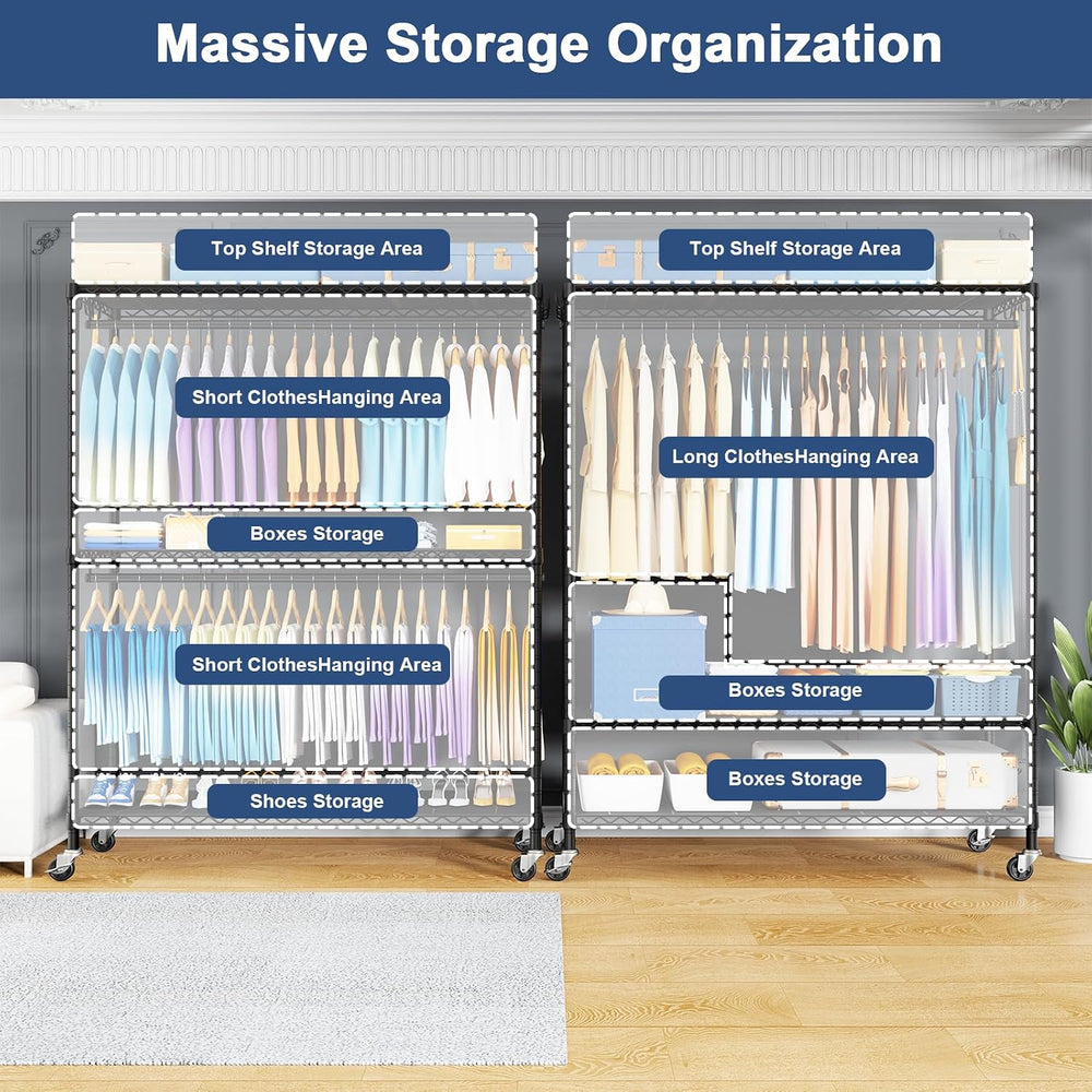 ULIFHOME P8C Max Heavy Duty Clothes Rack(With Extended Width Design) Rolling ...