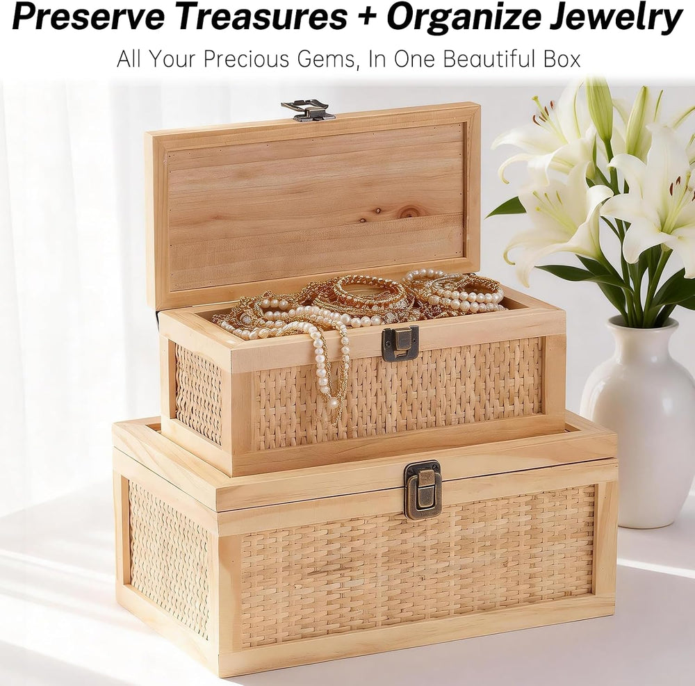 Rattan Decorative Boxes with Lids, Stackable Keepsake Box Set of 2