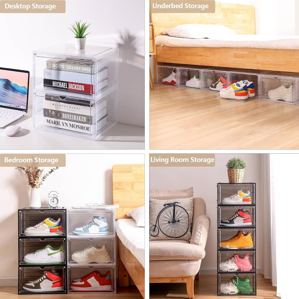 Attelite Large Shoe Boxes 6 Pack Drop Side Shoe Storage Containers Black