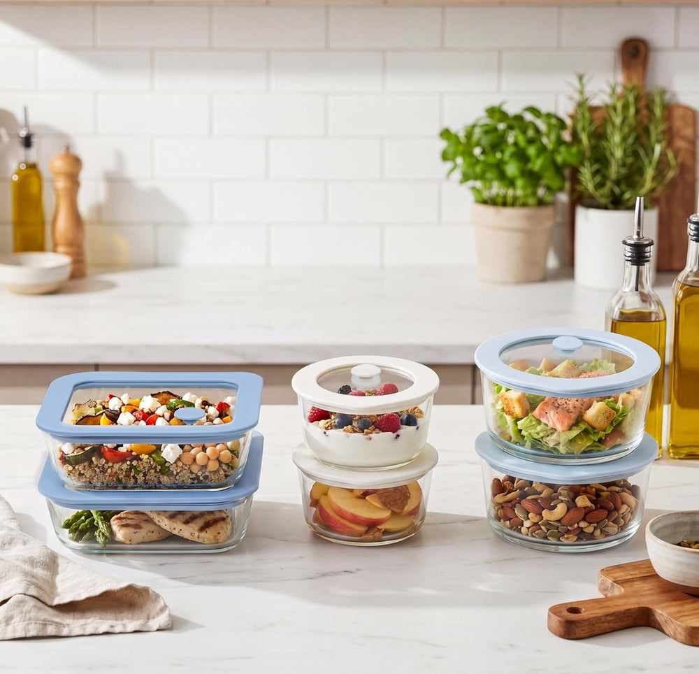 Urban Green Glass Food Container Set with Silicone Glass Lid, Square & Ro...