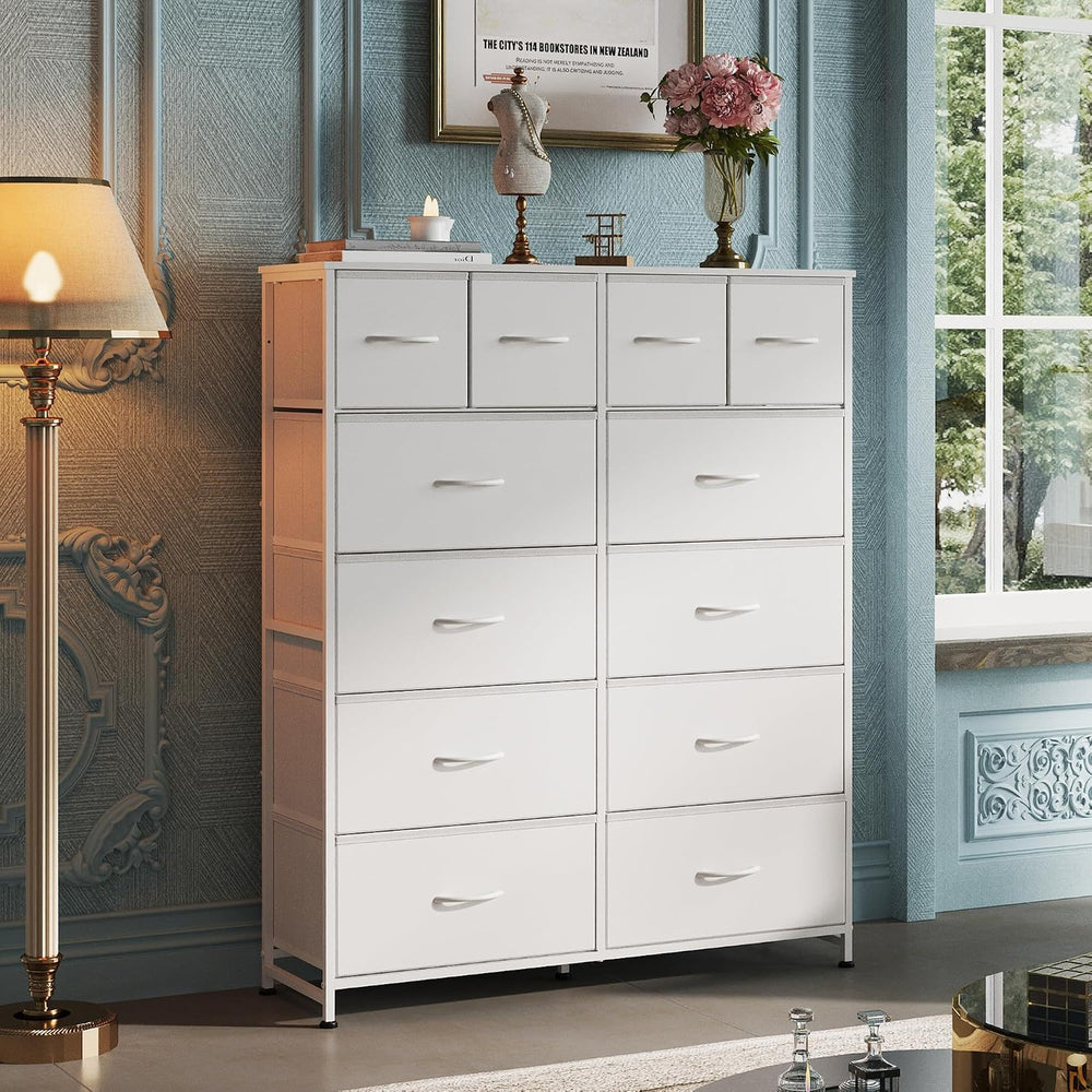 WLIVE 12 Drawer Tall White Fabric Dresser Bedroom Storage Chest