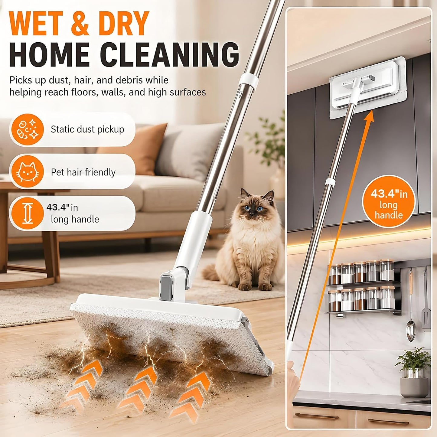 2026 New Hands Free Multi Purpose Flat Mop, Hands Free Flat Mop One Click, Shark Tooth Grip for Any Cloth, Zero Touch Dirty Cloth Release, Long 43.4" Handle with Glass Scraper