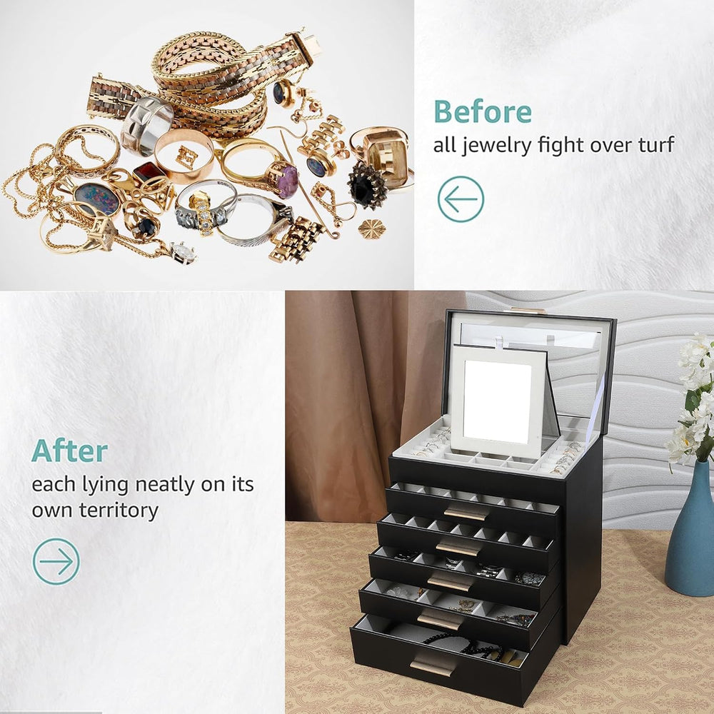 BOOVO Jewelry Boxes for Women, White and Black 6 Layer Large Jewelry Box for ...