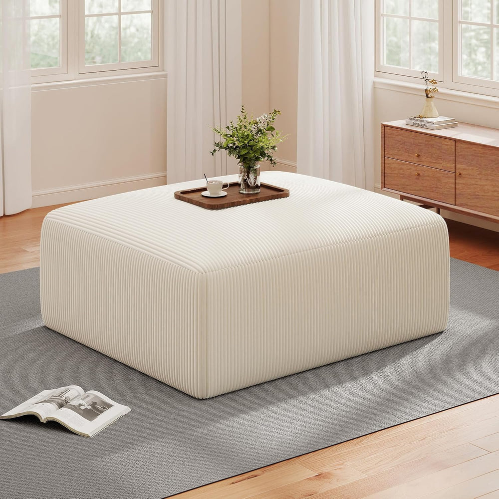 40" Oversized Square Corduroy Ottoman, Large Ottoman Pouf Footstool, Beige