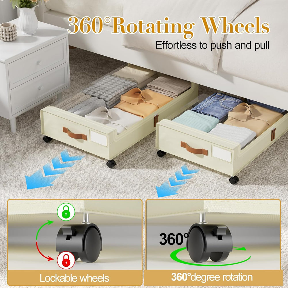 Yecaye 60L Under Bed Storage with Wheels, 4 Pack, Beige