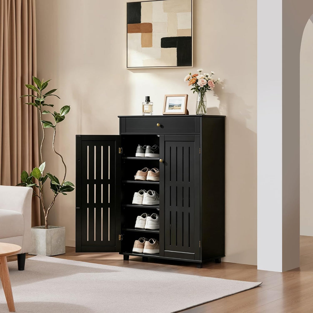 Yaheetech Tall Shoe Cabinet with Drawer & Doors for Entryway, 5-Tier Black