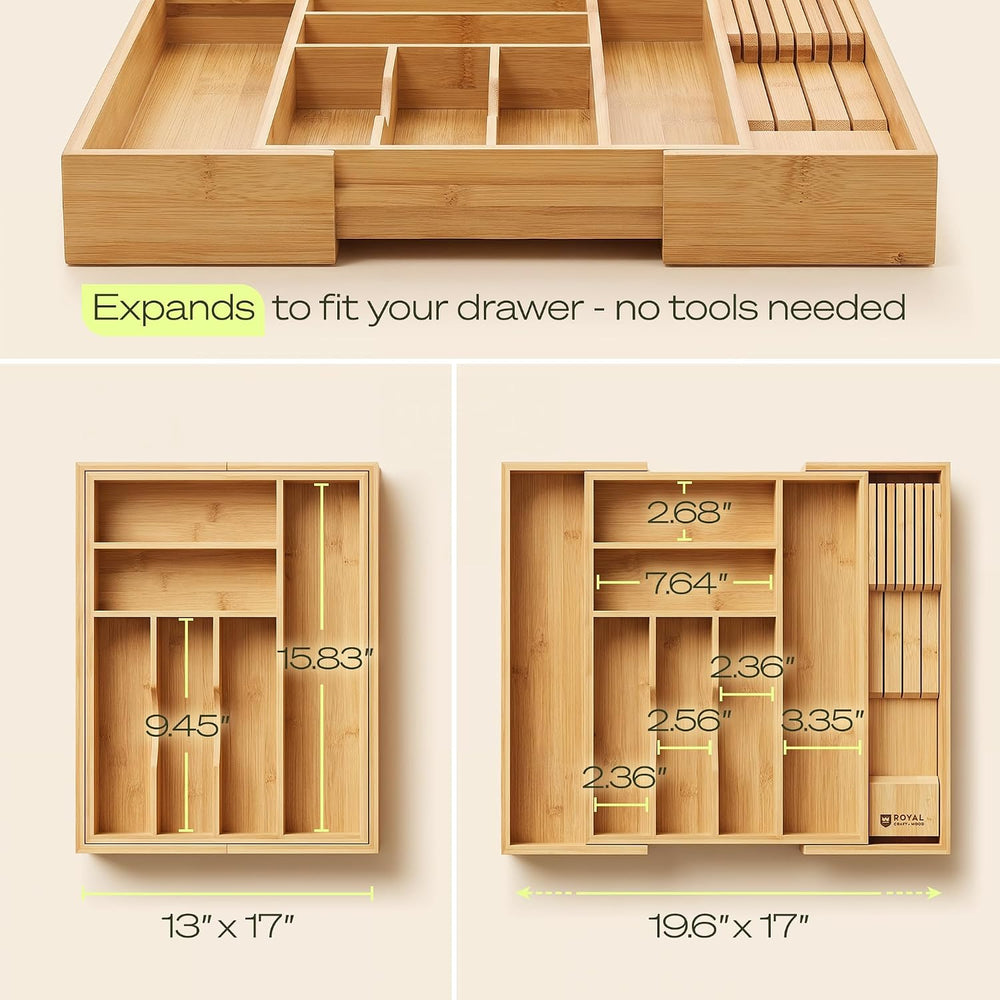 Drawer Organizer for Kitchen Organization – Expandable Bamboo Silverware Draw...