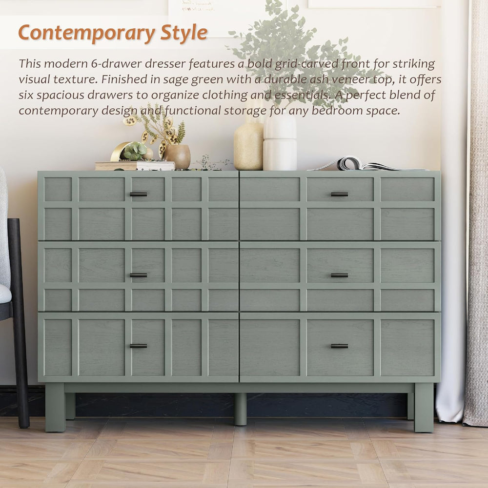 Aoikax Modern 6 Drawer Double Dresser with Grid Carved Pine Front, Minimalist...