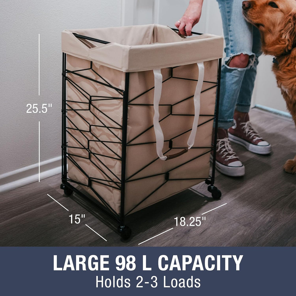 CleverMade Flex Frame Rolling Laundry Hamper with Removable Liner 98L Cream