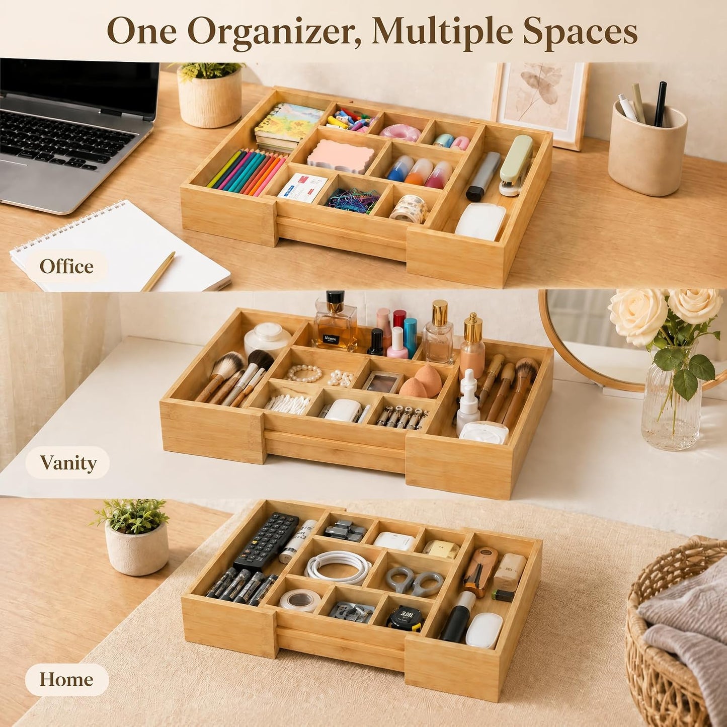 Bamboo Drawer Organizer Expandable Desk Storage Set, 10 Adjustable Compartment Junk Drawer Divider and Trays Containers for Kitchen Utensil, Office Supplies, Makeup, Jewelry & Cosmetics Organization