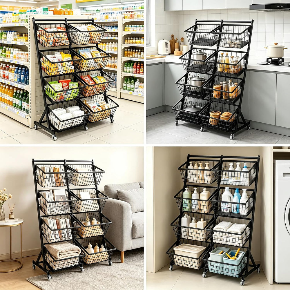 Rolling Store Snack Display Rack with Wheels, Mesh Storage Cart(Black)