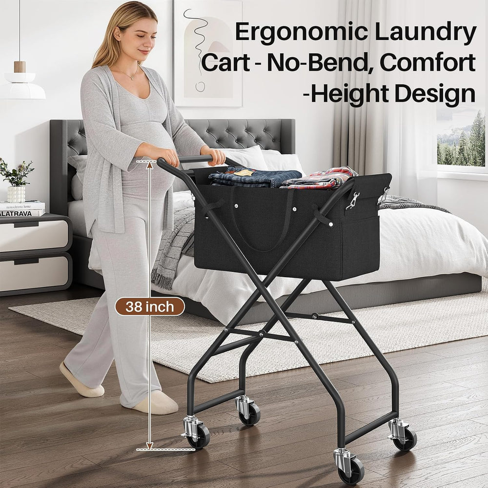 No-Bend Laundry Cart- Rolling Hamper with Locking Wheels & Handle, Foldab...
