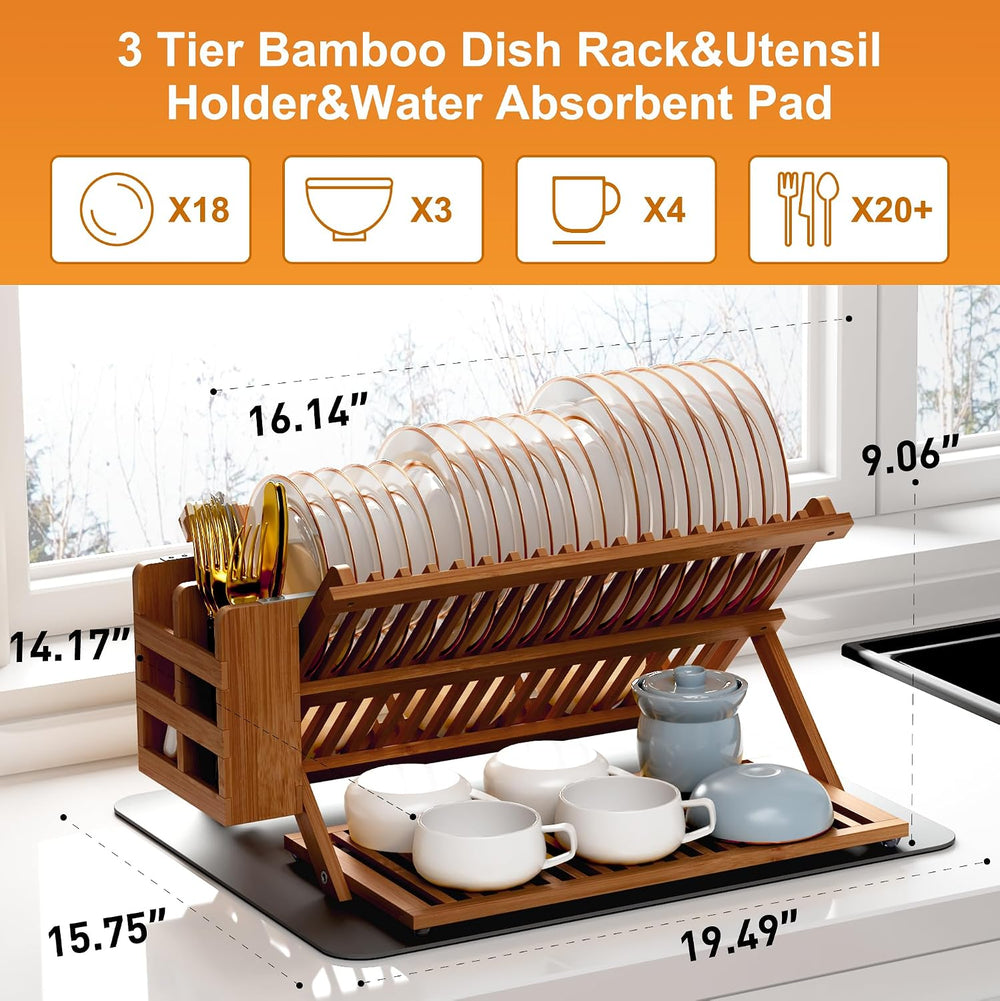 Greenual Teak Dish Drying Rack with Utensil Holder, 3 Tier Collapsible Dish R...