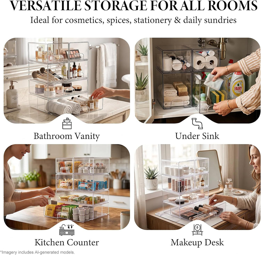 Clear Stackable Storage Drawers Set of 5 Bathroom Makeup Organizer Bins