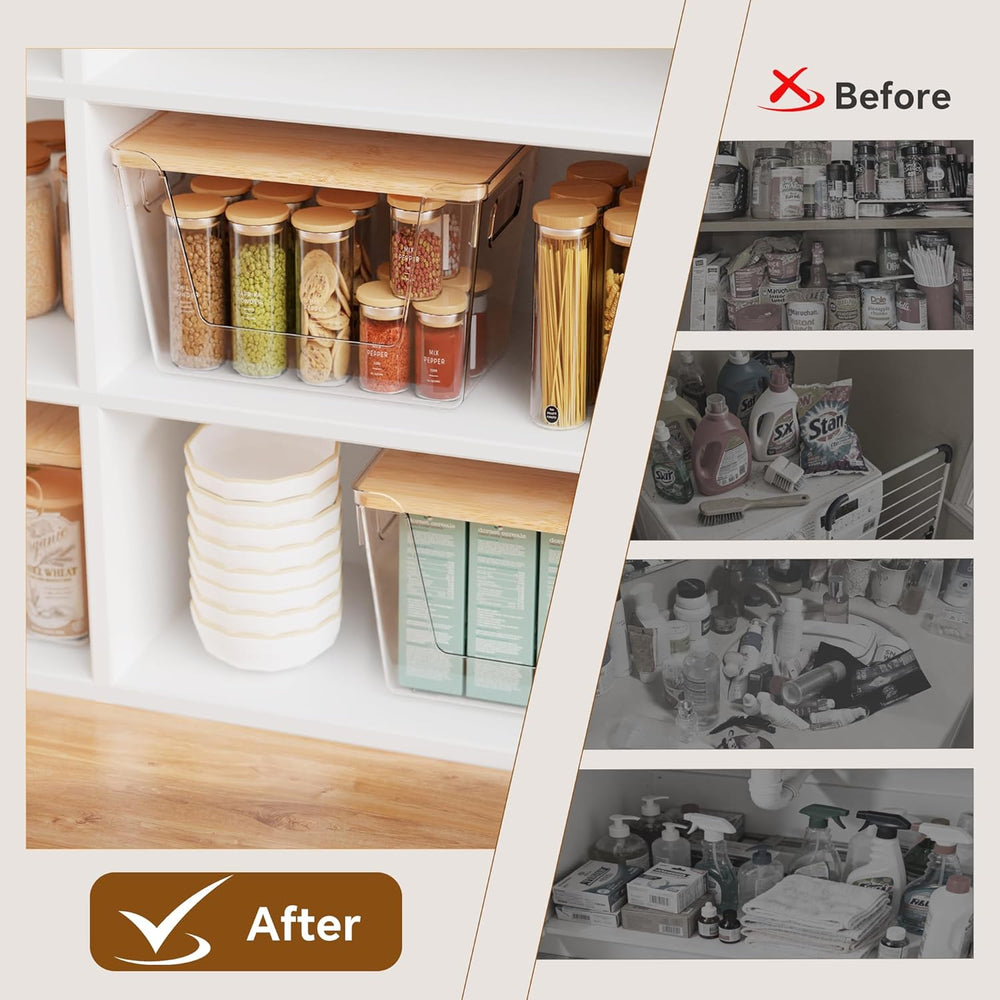 Criusia 2 Large and 2 Small Pantry Organizers and Storage with Bamboo Lids, S...