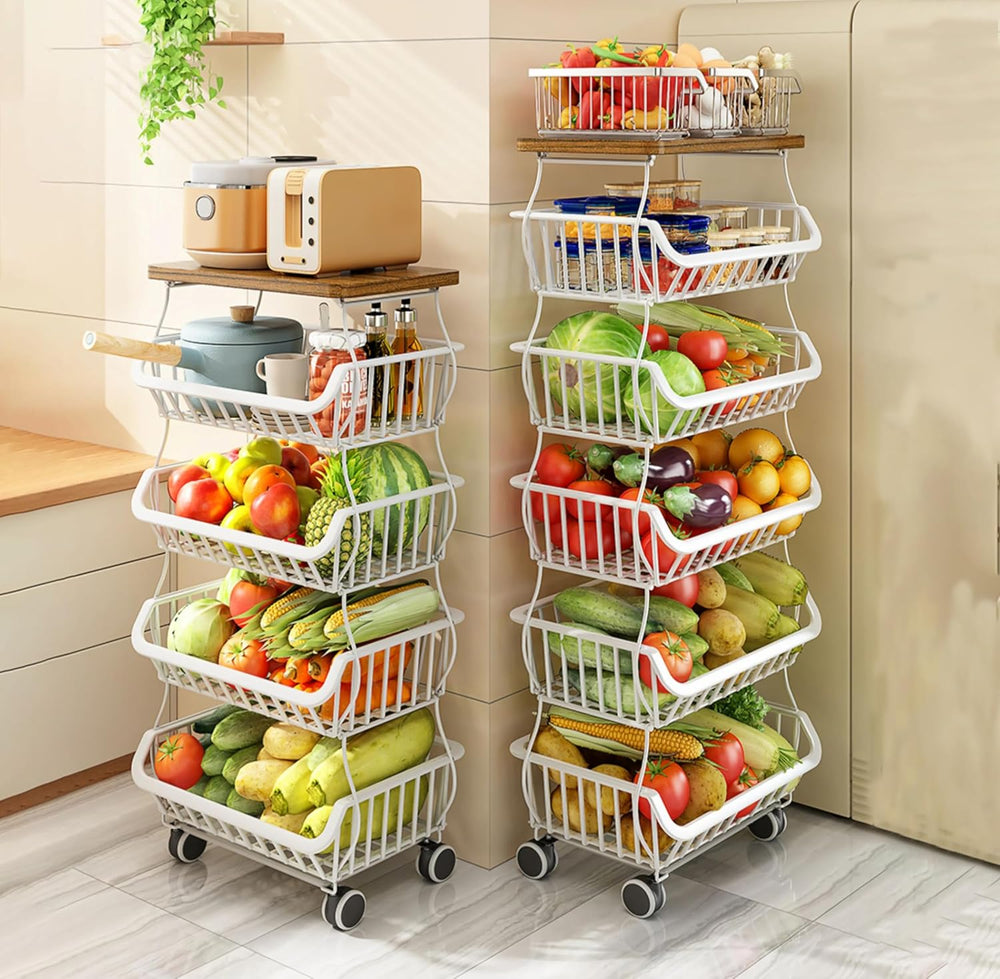 MURRI&MURRDI Fruit Vegetable Storage Basket with Wooden Lid, 6 Tier Stack...