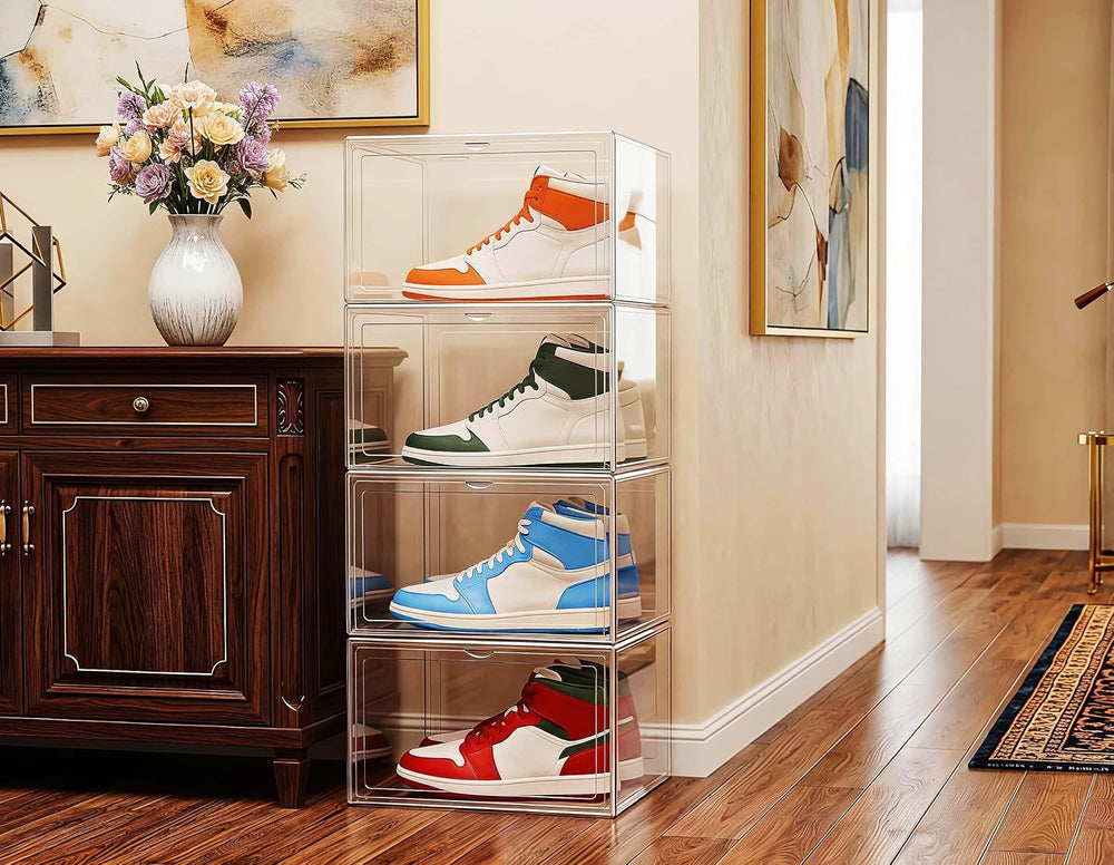 4 Pack Thickened Shoe Boxes Clear Plastic Stackable, Substantial Sneaker Stor...