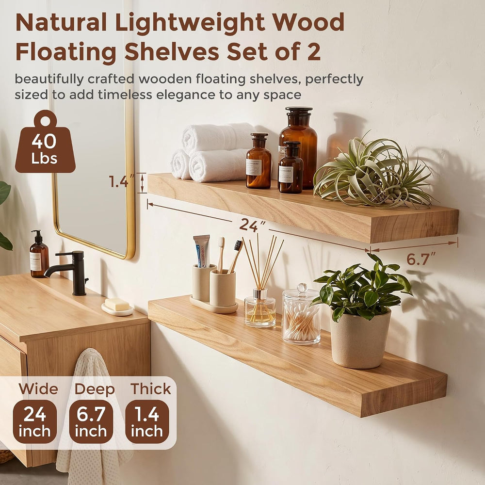 fuqing Natural Wood Floating Shelves, 24'' Wood Shelves for Wall Set ...