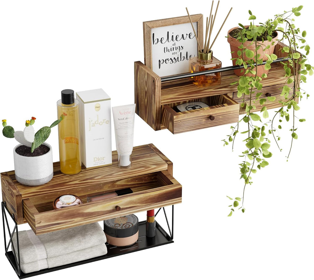 Floating Shelves with Drawer Set of 2, Wall Baskets, Bathroom Shelf with Prot...