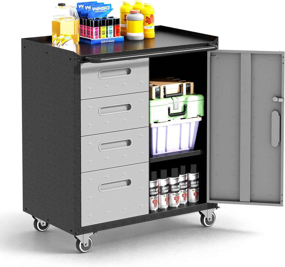 Garage Cabinets,Metal Garage Storage Cabinet with Wheels,Lockable Rolling Too...
