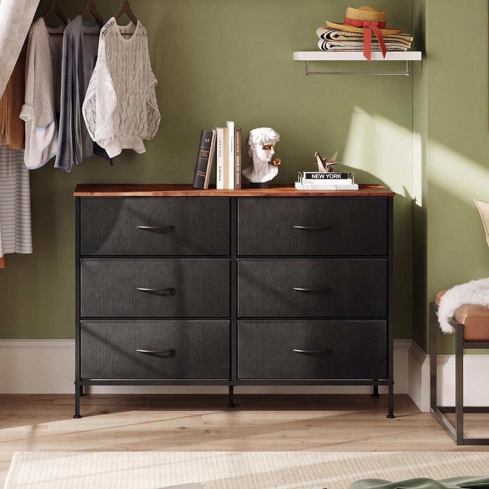WLIVE Dresser for Bedroom with 6 Fabric Drawers, Black and Rustic Brown