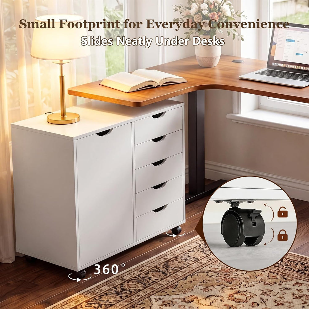 SweetGO 5 Drawer Wood File Cabinet with Wheels, Large Storage Printer Stand f...