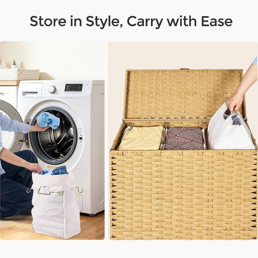 130L Wicker Laundry Hamper with Lid, 3-Section Laundry Basket