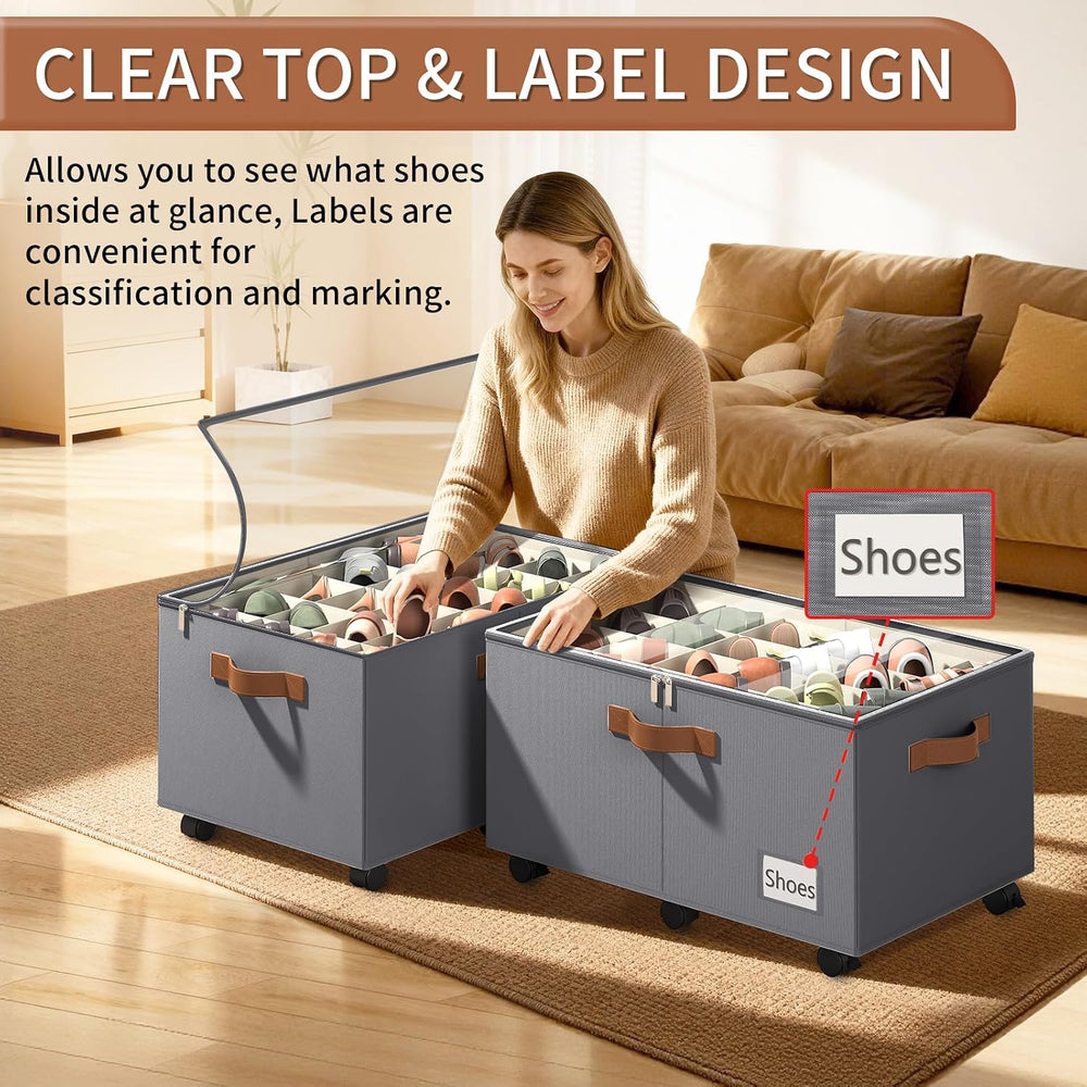 Foyego 2 Pack Shoe Organizer for Closet, Shoe Storage with Wheels, Gray