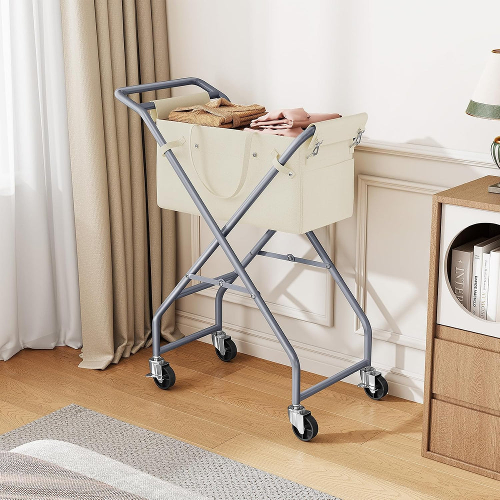 No-Bend Laundry Cart- Rolling Hamper with Locking Wheels & Handle, Foldab...