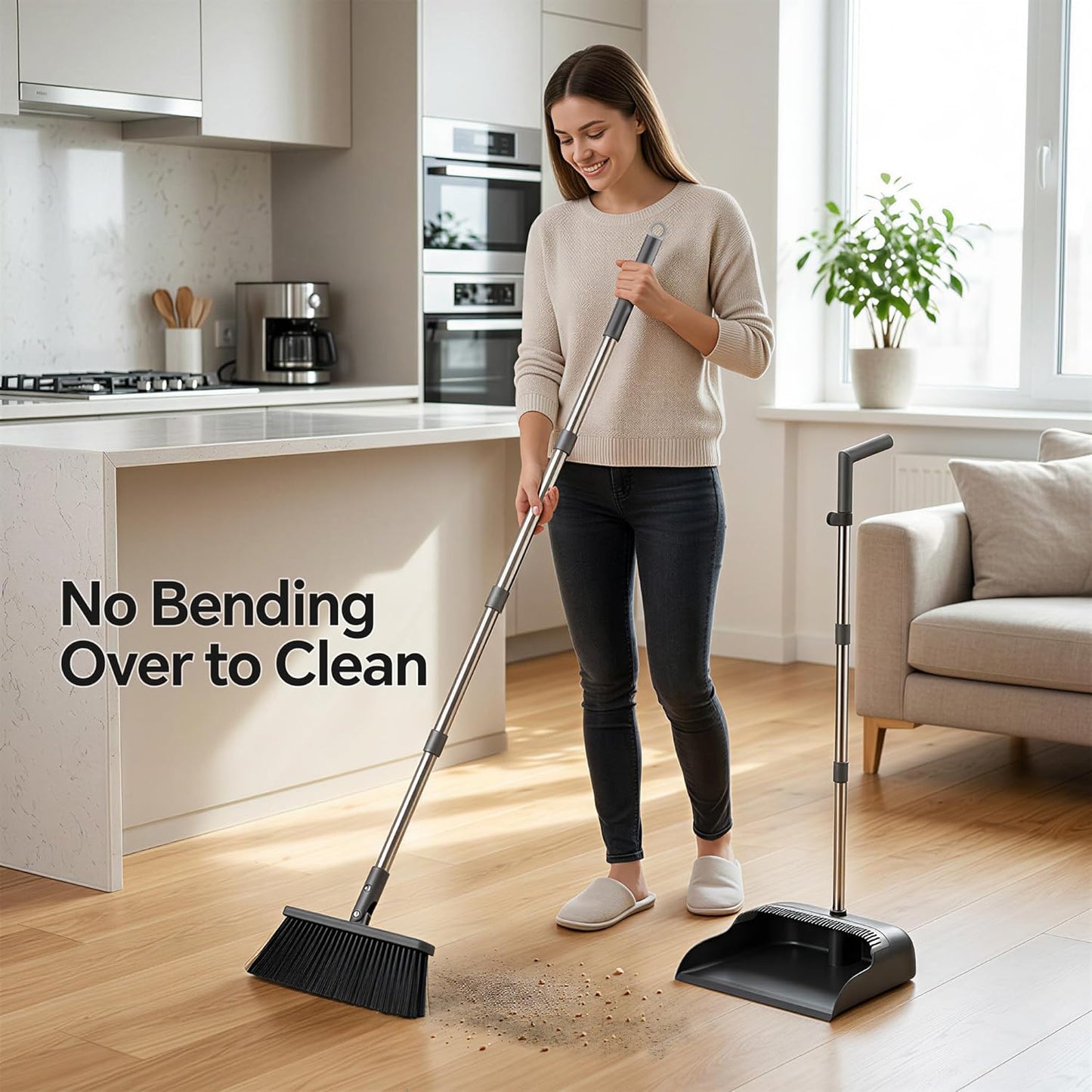 Broom and Dustpan Set, 52" Long Handle Standing Broom with Dustpan Combo Set with Dust Pan Teeth to Clean Pet Hair, Easy Sweeping Suitable for Home Kitchen Office Lobby