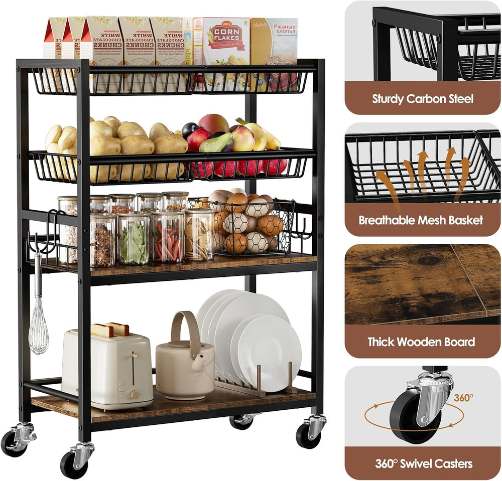 Fruit Vegetable Storage Cart, 4 Detachable Basket