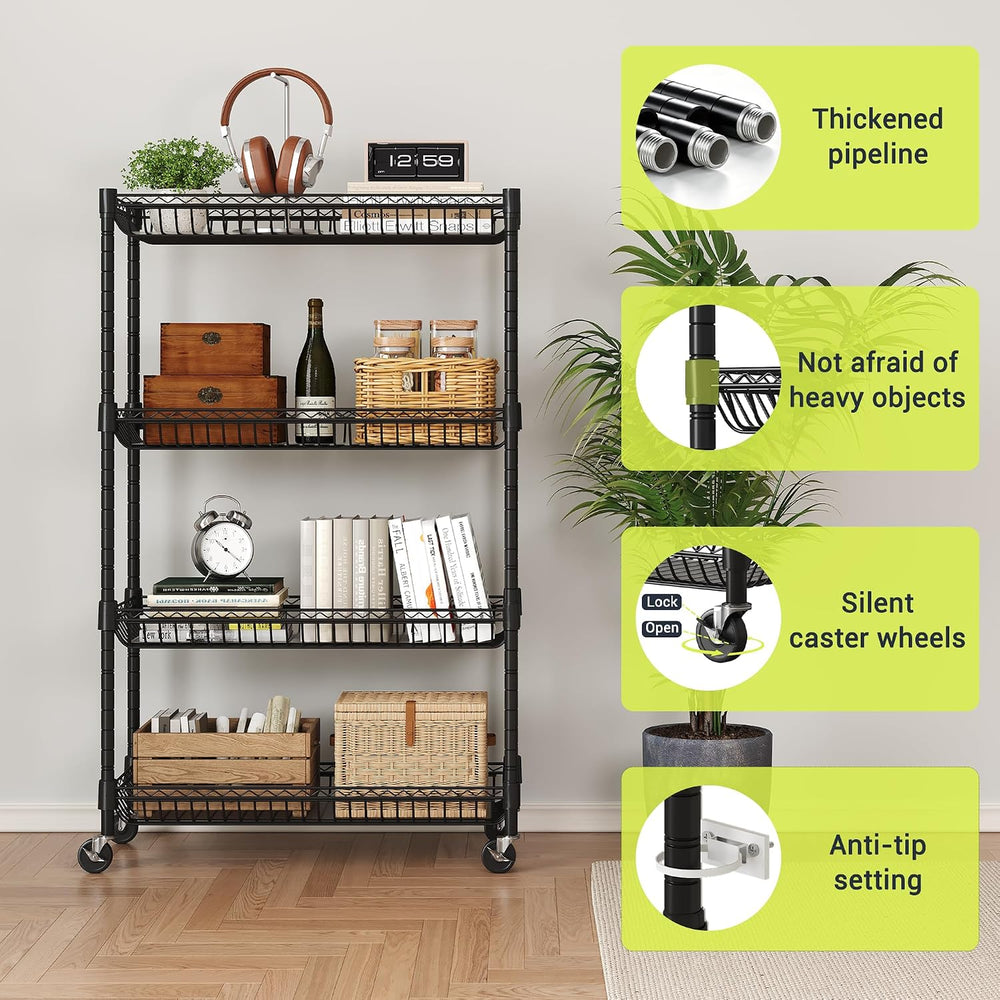 4-Tier Rolling Storage Shelves with Wire Baskets,30x13.5x44.5in