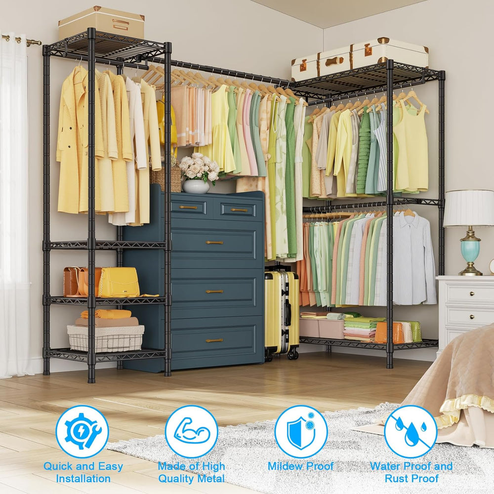 ULIFHOME E10L L-Shaped Clothes Rack for Corner(With Expandable Hanger Rod)Hea...