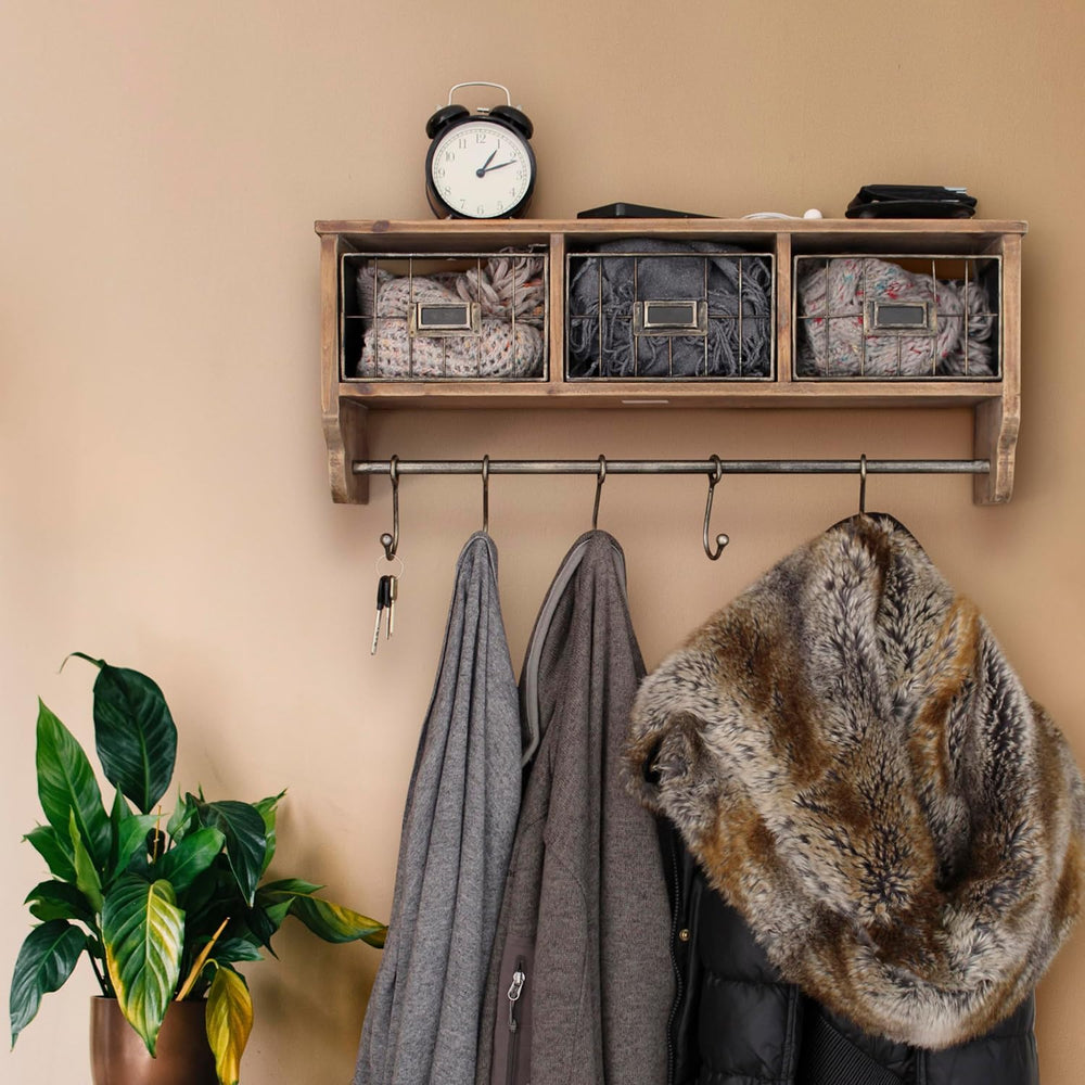 BizChair Wall Mounted Storage Rack - Rustic Brown Solid Pine Wood - 24 Inch -...