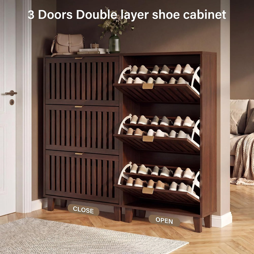 Shoe Cabinet with 3 Flip Drawers for Entryway, Walnut