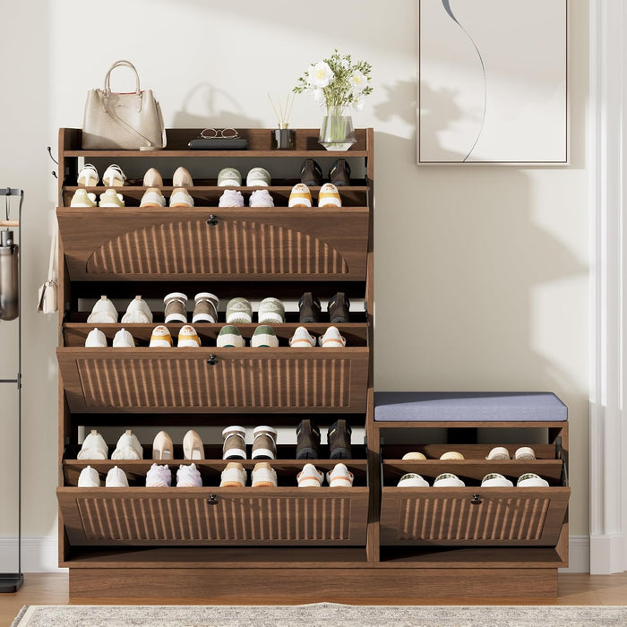Shoe Cabinet with Bench, 4‑Flip Drawer Fluted Shoe Storage Cabinet with Removable Adjustable Shelves, Side Hooks & Anti‑Tip Device, Freestanding Entryway Shoe Organizer for Hallway, Walnut