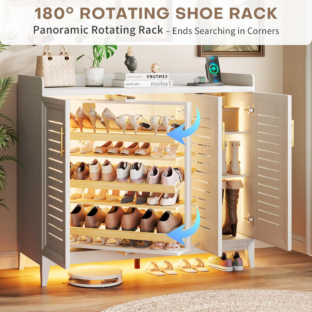 Vlsrka Rotating Shoe Storage Cabinet with Slatted Doors and Lights, White