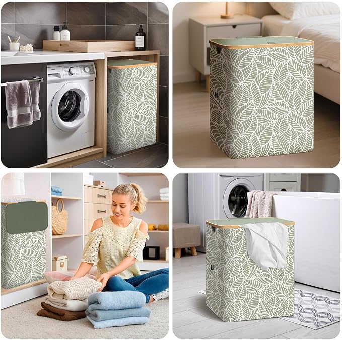BALEINE Laundry Hamper with Lid, Tall Laundry Baskets with Bamboo Pull Handles - Image 8