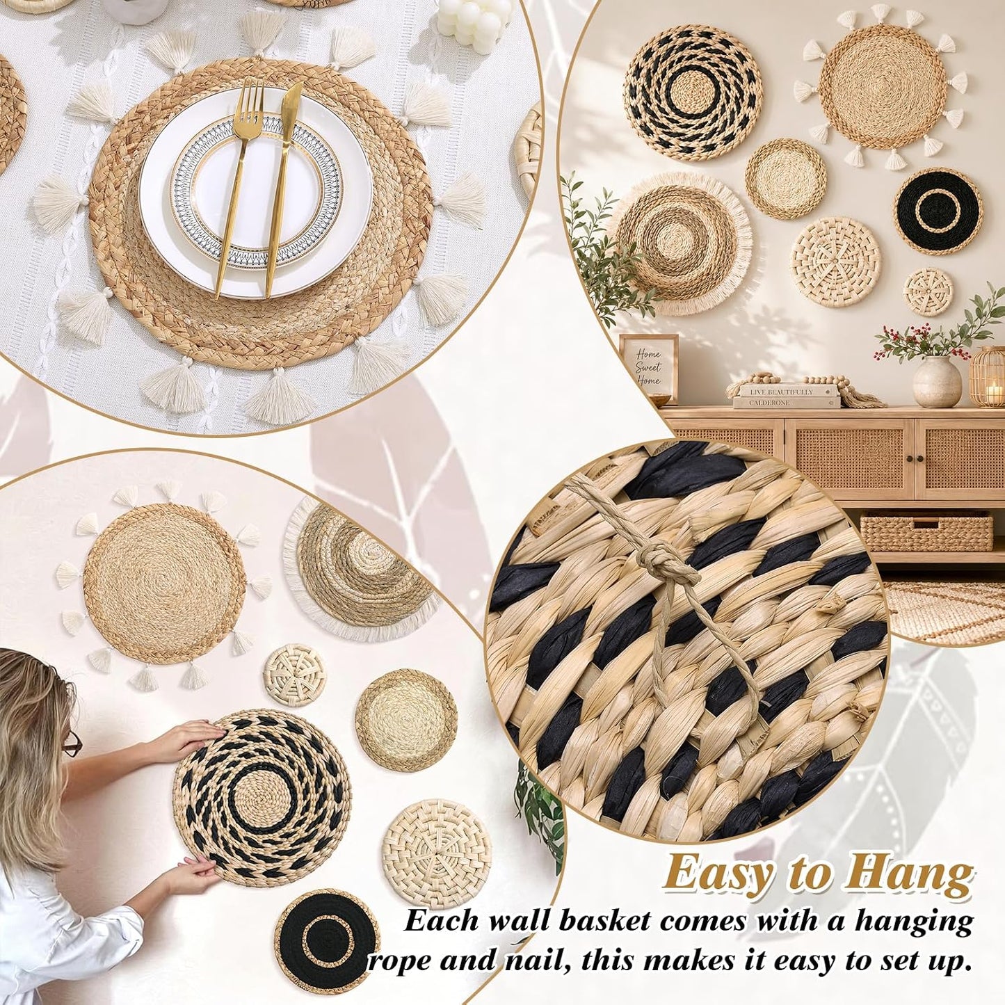 LOMOHOO Set of 7 Boho Wall Basket Decor Wicker Woven Wall Basket Decoration | LOMOHOO Bohemian Handcrafted Round Basket Hanging Decor Bulrush Wall Art Decors for Living Room Rustic Home