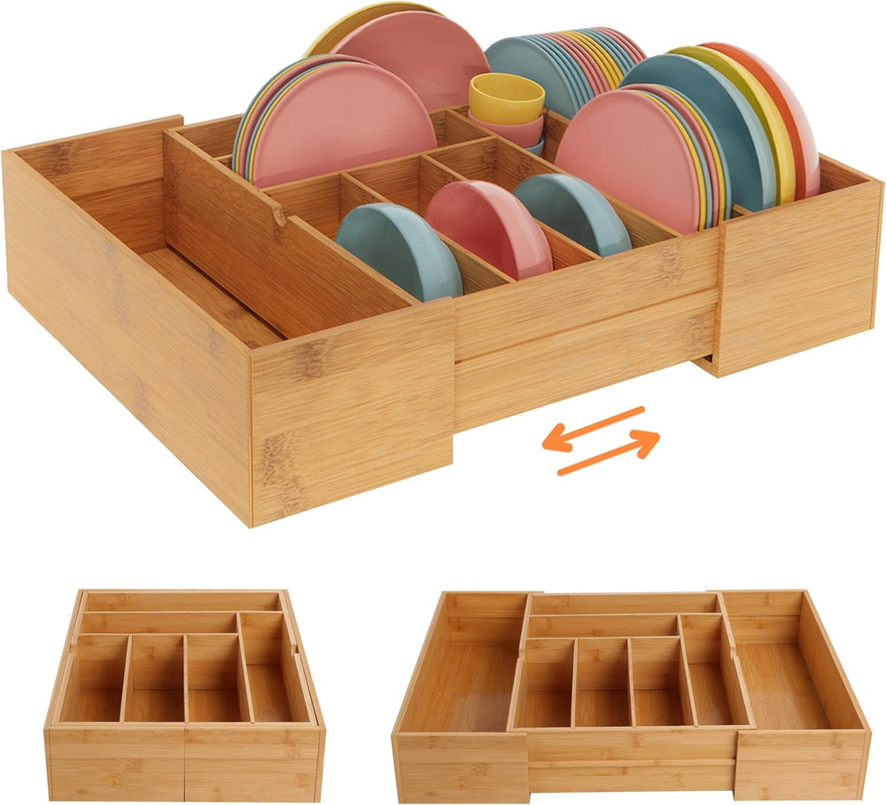 BAMEOS 3.9inch Tall Bamboo Drawer Organizer, Expandable Utensil Holder