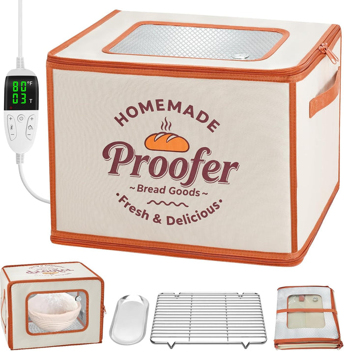 Foldable Bread Proofing Box, JOCXSPI 4-Sided Heating Dough Proofer for Sourdough Starter, 68–131°F Temp Control, 99H Timer, Metal Rack, Water Tray, Humidor for Pizza, Yogurt, Kombucha, Baking (Beige)