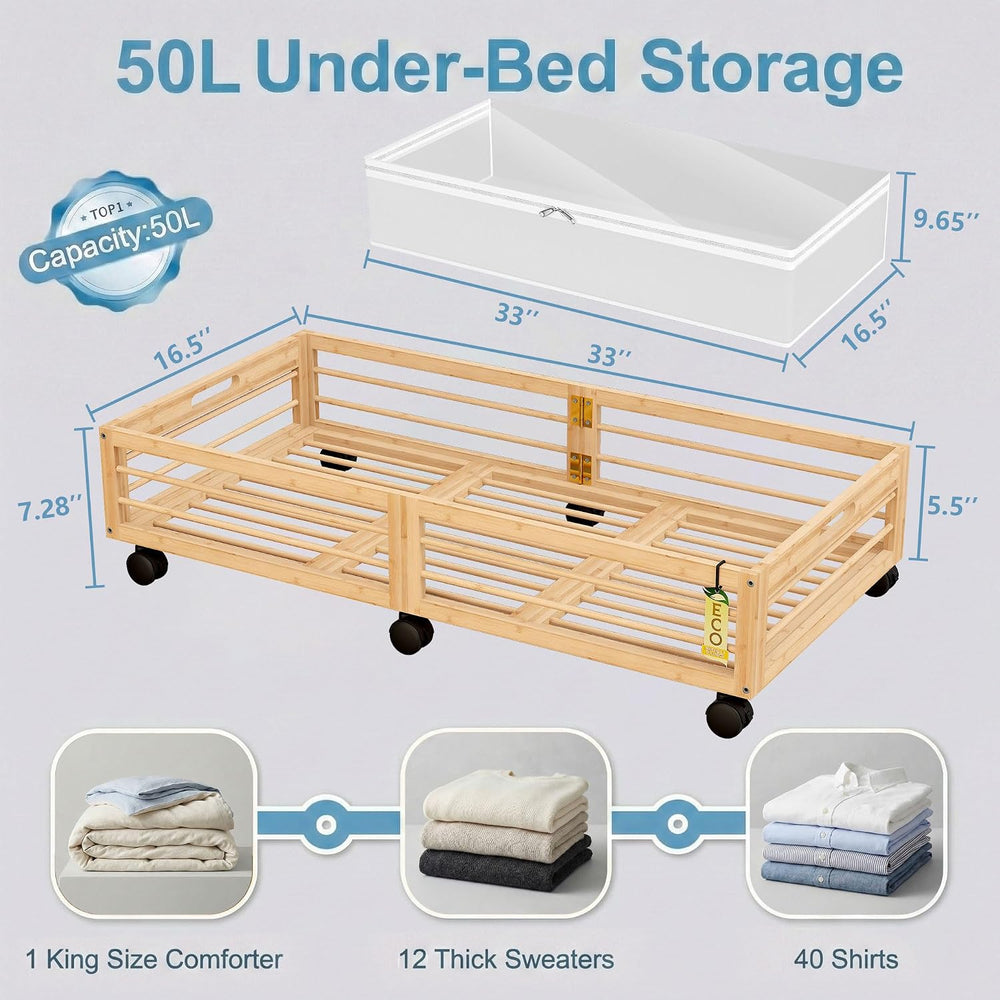 Underbed Storage with Wheels, 2 Pack Bamboo Containers for Shoes & Clothes